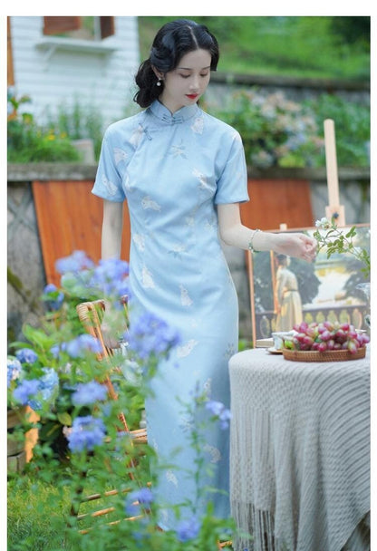 Light Blue Tridational Engagement Cheongsam with Rabbit pattern, One-Piece Prom Dress Modern Chinese Casual Qipao Frog Button Asian Costume