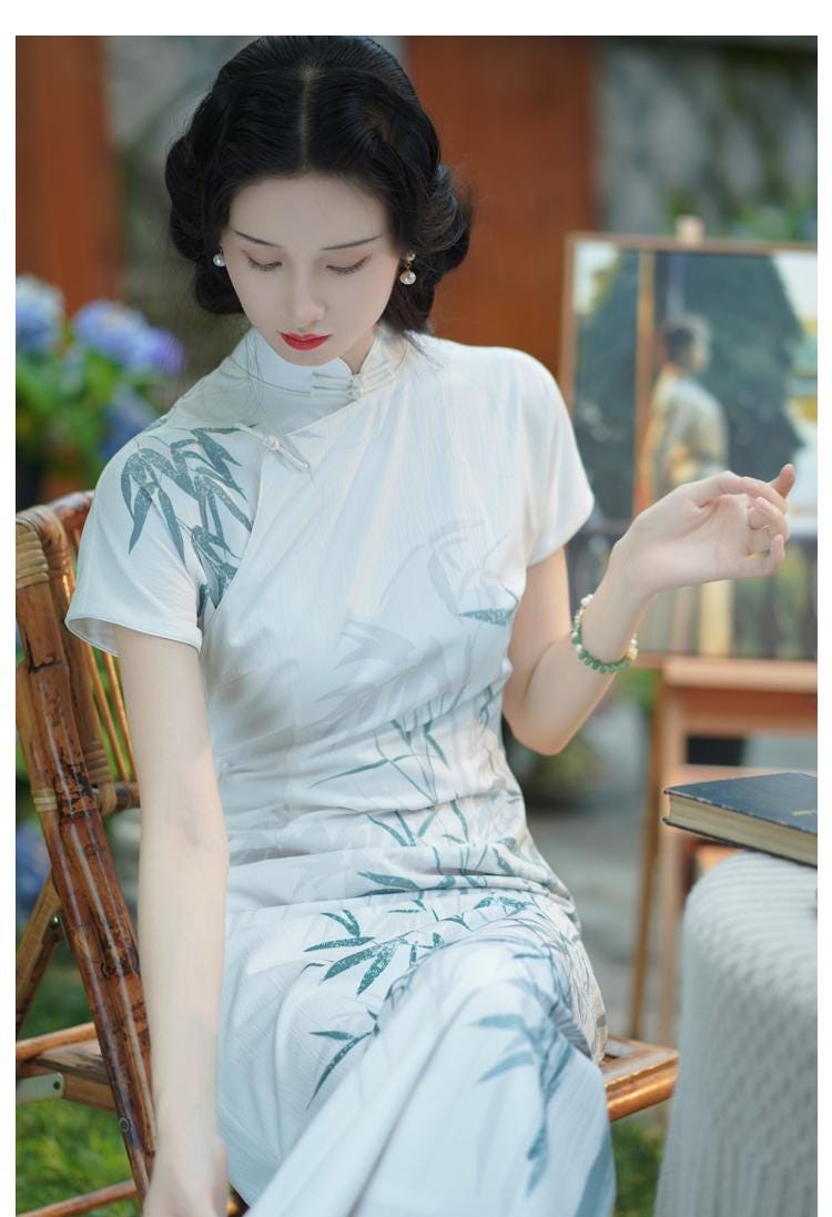 Bamboo Pattern Tridational Engagement Cheongsam, One-Piece Prom Dress Modern Chinese Casual Qipao Frog Button Asian Costume