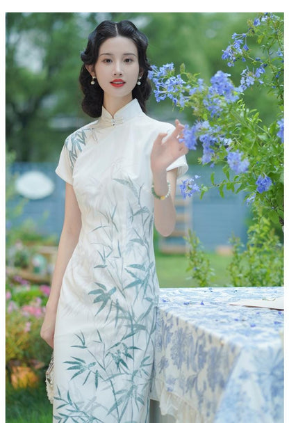 Bamboo Pattern Tridational Engagement Cheongsam, One-Piece Prom Dress Modern Chinese Casual Qipao Frog Button Asian Costume