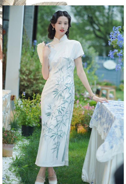 Bamboo Pattern Tridational Engagement Cheongsam, One-Piece Prom Dress Modern Chinese Casual Qipao Frog Button Asian Costume