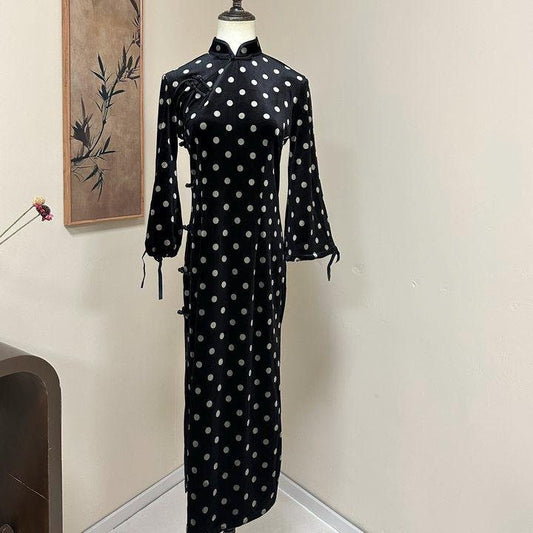 Velvet Polka Dot Qipao with Big Sleeves Hong Kong Style Daily Wear Chinese Cheongsam Traditional Chipao Dress Long dress Prom dress