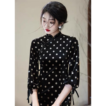 Velvet Polka Dot Qipao with Big Sleeves Hong Kong Style Daily Wear Chinese Cheongsam Traditional Chipao Dress Long dress Prom dress