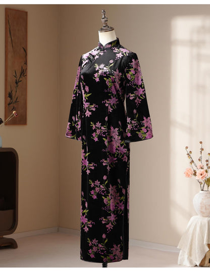 Modern Black Cheongsam with Purple Flower Pattern, Traditional Chinese Qipao, long length Daily Wear Cocktail Party Dress Ball Gowns