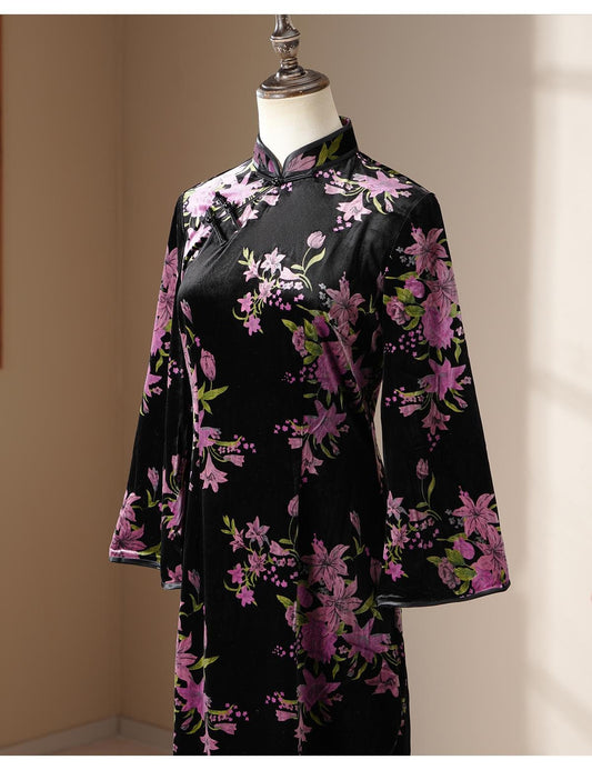 Modern Black Cheongsam with Purple Flower Pattern, Traditional Chinese Qipao, long length Daily Wear Cocktail Party Dress Ball Gowns