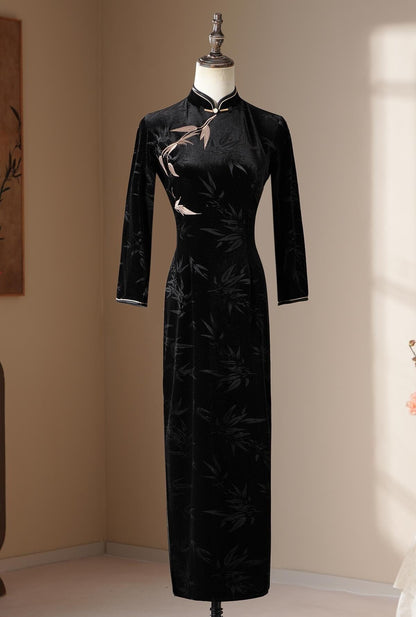 Modern Black Cheongsam with Bamboo Pattern, Traditional Chinese Qipao, long length Daily Wear Cocktail Party Dress Ball Gowns