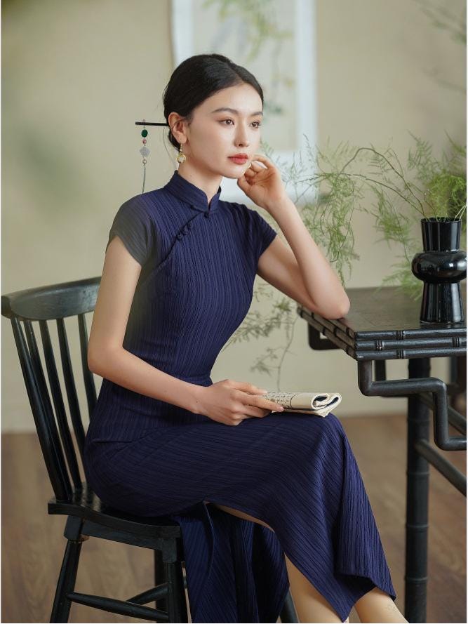 Chinese Modern Cheongsam, Navy traditional Qipao, Long Length Daily Wear Prom dress Evening Gown Wedding Guest Dress Retro Dress