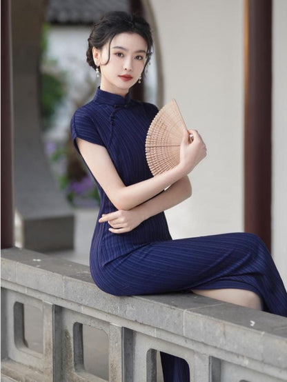 Chinese Modern Cheongsam, Navy traditional Qipao, Long Length Daily Wear Prom dress Evening Gown Wedding Guest Dress Retro Dress