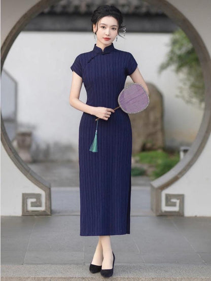 Chinese Modern Cheongsam, Navy traditional Qipao, Long Length Daily Wear Prom dress Evening Gown Wedding Guest Dress Retro Dress