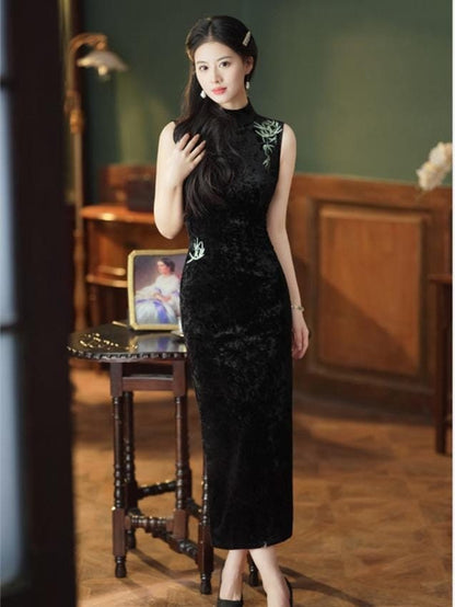 Chinese Modern Cheongsam, Bamboo Pattern traditional Qipao, Long Length Daily Wear Prom dress Evening Gown Wedding Guest Dress Retro Dress