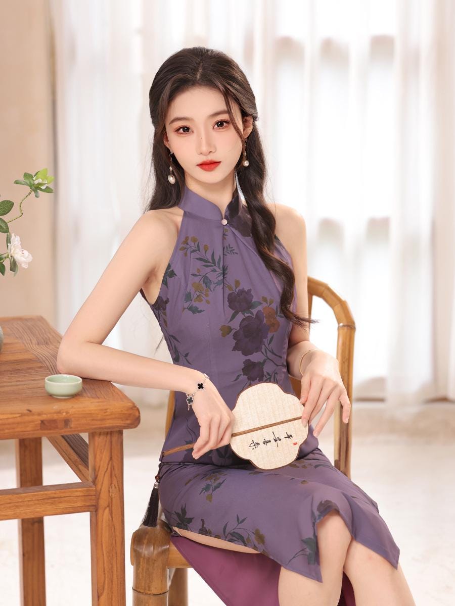 Purple Sleeveless Cheongsam, Summer Chinese Qipao, long length Daily Wear Halterneck dress Modern Chinese Dress Bridesmaid dress