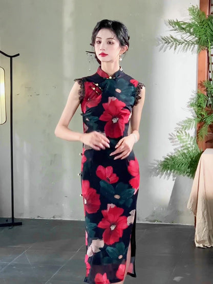 Modern Sleeveless Cheongsam, Summer Qipao, long length Daily Wear Traditional Chinese Dress Bridesmaid Dress Prom Dress Cocktail Party Dress