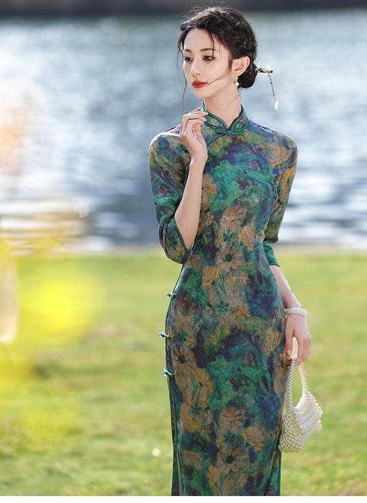 Fall Chinese Qipao Dress Vintage Cheongsam Hongkong Chipao Corduroy Green Dress Plus Size  Wedding guest dress