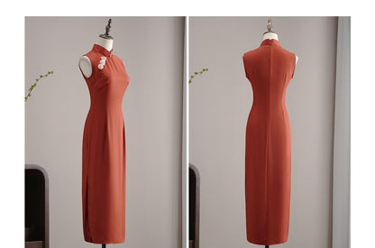 Orange Sleeveless Cheongsam, Summer Chinese Qipao, long length Daily Wear Cocktail Boho Party dress Prom Dress Ball gowns