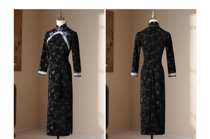 Black Qipao, Traditional Daily Cheongsam, Date Dress, Floral Frog Buttons Elegant dress with Bamboo Mandarin collar Wedding guest dress