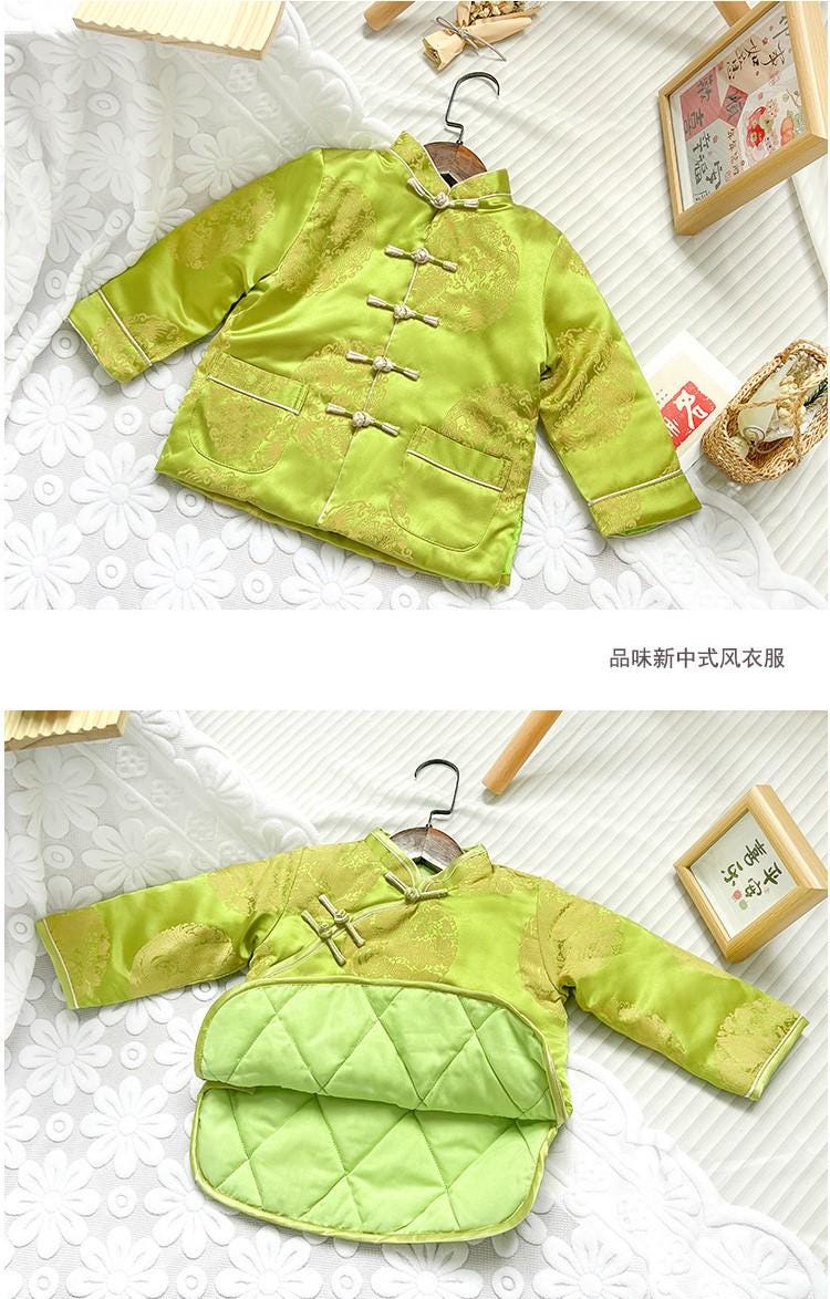 Girl's/ Boy Qipao long-sleeve Coat Children's Chinese New year cheongsam outfit Dragon pattern Green jacket for kids