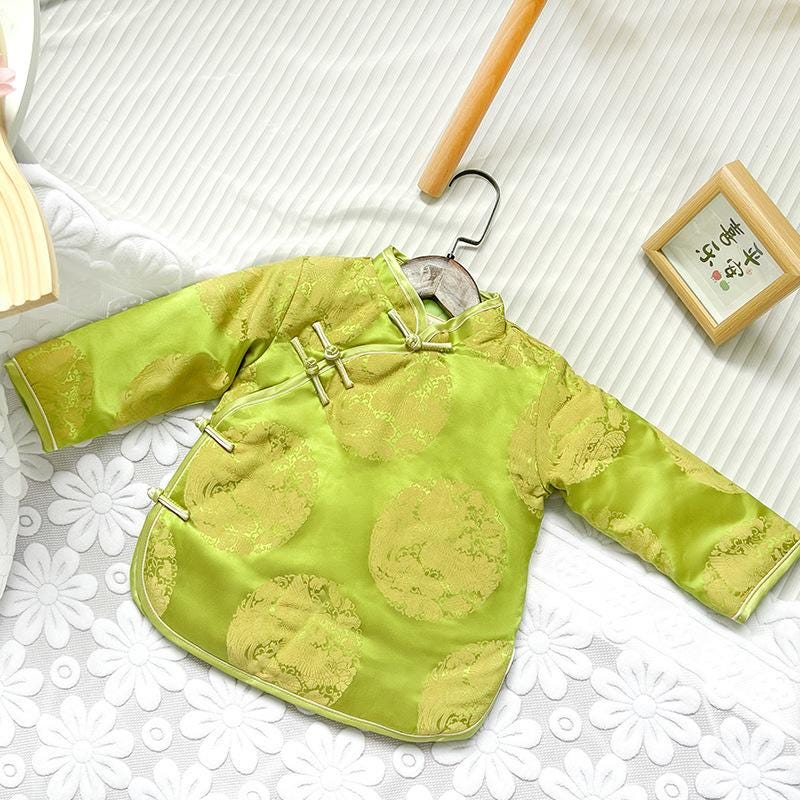 Girl's/ Boy Qipao long-sleeve Coat Children's Chinese New year cheongsam outfit Dragon pattern Green jacket for kids