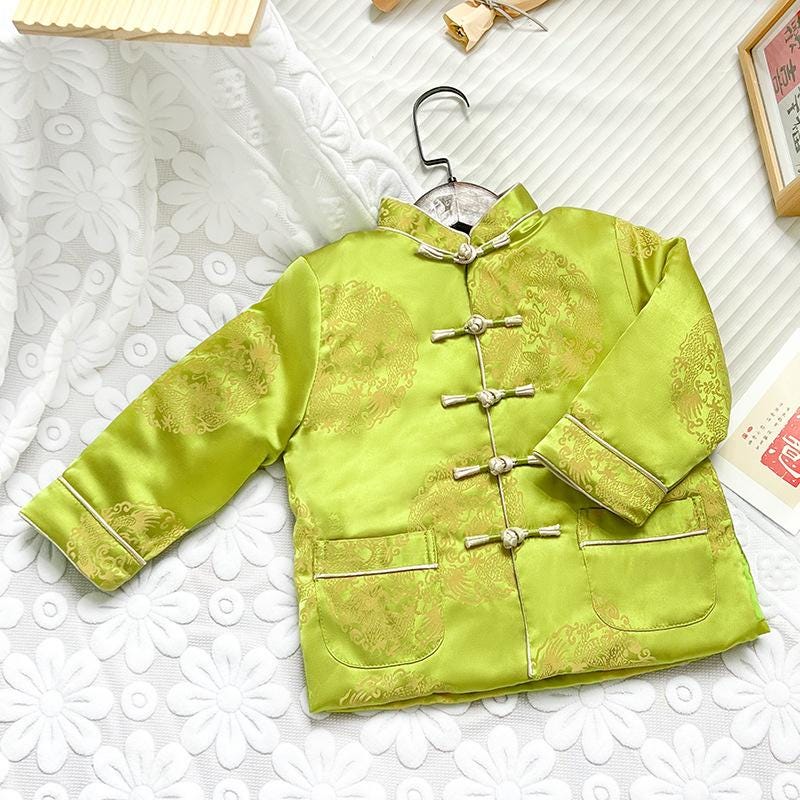 Girl's/ Boy Qipao long-sleeve Coat Children's Chinese New year cheongsam outfit Dragon pattern Green jacket for kids