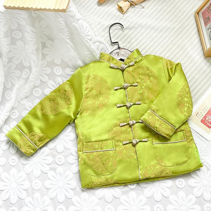 Girl's/ Boy Qipao long-sleeve Coat Children's Chinese New year cheongsam outfit Dragon pattern Green jacket for kids