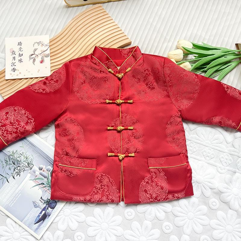 Girl's/ Boy Qipao long-sleeve Coat Children's Chinese New year cheongsam outfit Dragon pattern Red jacket for kids