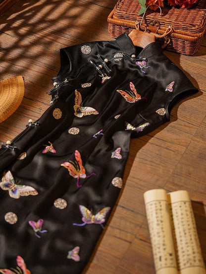 Black Sleeveless Cheongsam, Velvet Modern Chinese Qipao