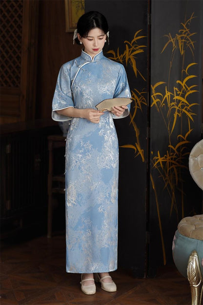 Pink/ Blue 2024 Fall Chinese Qipao Dress Cheongsam Blue Chinese painting patterns Chipao Dress Big Sleeves Dress