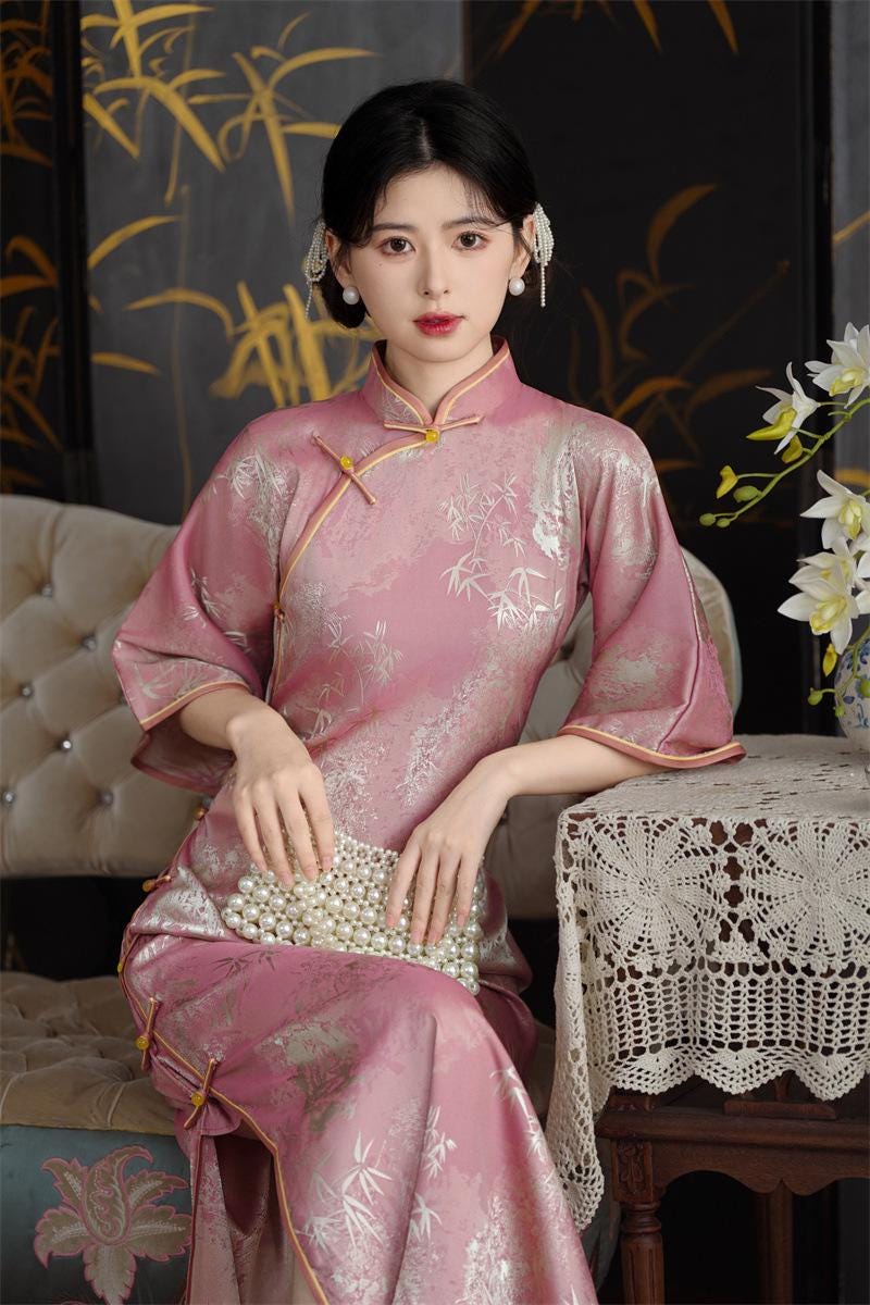 Pink/ Blue 2024 Fall Chinese Qipao Dress Cheongsam Blue Chinese painting patterns Chipao Dress Big Sleeves Dress