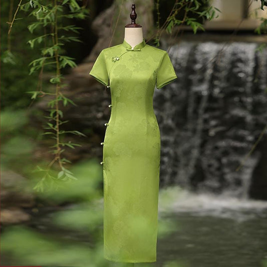 Green Chinese Modern Cheongsam, Summer Chinese Qipao, Long Length Daily Wear Prom dress Evening Gown Wedding Guest Dress Retro Dress