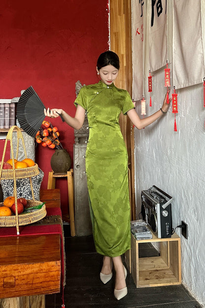 Green Chinese Modern Cheongsam, Summer Chinese Qipao, Long Length Daily Wear Prom dress Evening Gown Wedding Guest Dress Retro Dress