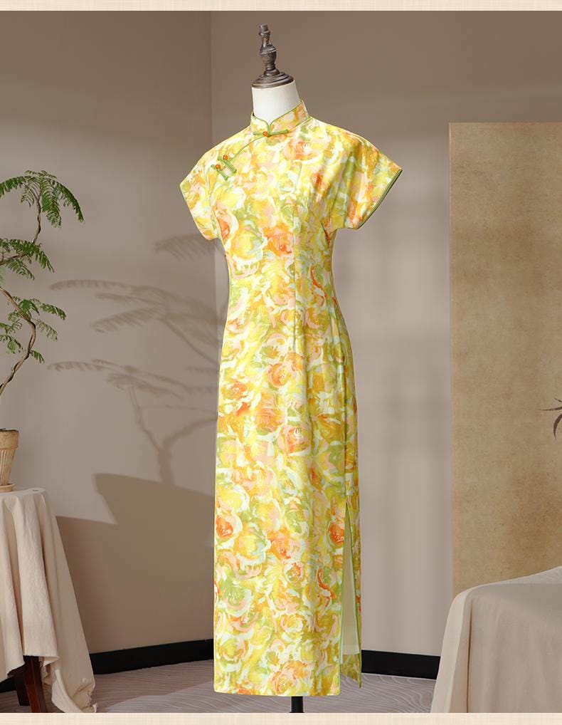 Yellow Chinese Modern Cheongsam Summer Chinese Qipao Oil Painting pattern Long Length Daily Wear Prom dress Evening Gown Wedding Guest Dress