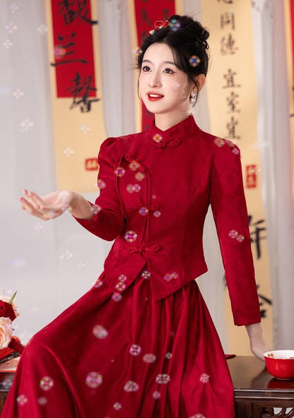 Two piece set Red Traditional Chinese Wedding Dress Cheongsam Qipao Dress Tea Ceremony Modern Chinese Dress Red Top with Skirt