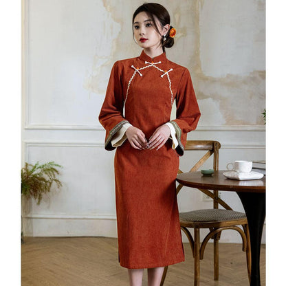 Two-Piece Qipao Set Vest With Orange Red/Mustard Green Cheongsam