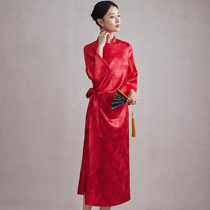 High-Quality Red Traditional Qipao, Chinese Modern Jacquard Satin Cheongsam Dress Plus Size Silk-like Loose Dress  Wedding morning robe