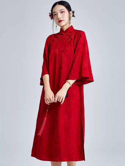 High-Quality Red Traditional Qipao, Chinese Style Modern Jacquard Satin Cheongsam Dress Plus Size Silk-like Loose Dress Simple Wedding Dress