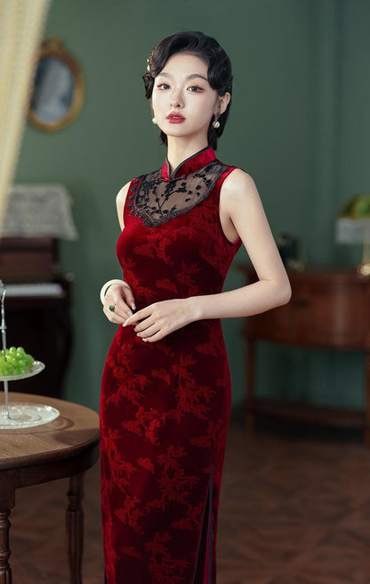 Wine Red Sleeveless Cheongsam, Velvet Chinese Qipao, Daily Wear Dress Hollow-out Cheongsam Ball Gowns Prom Party Dress