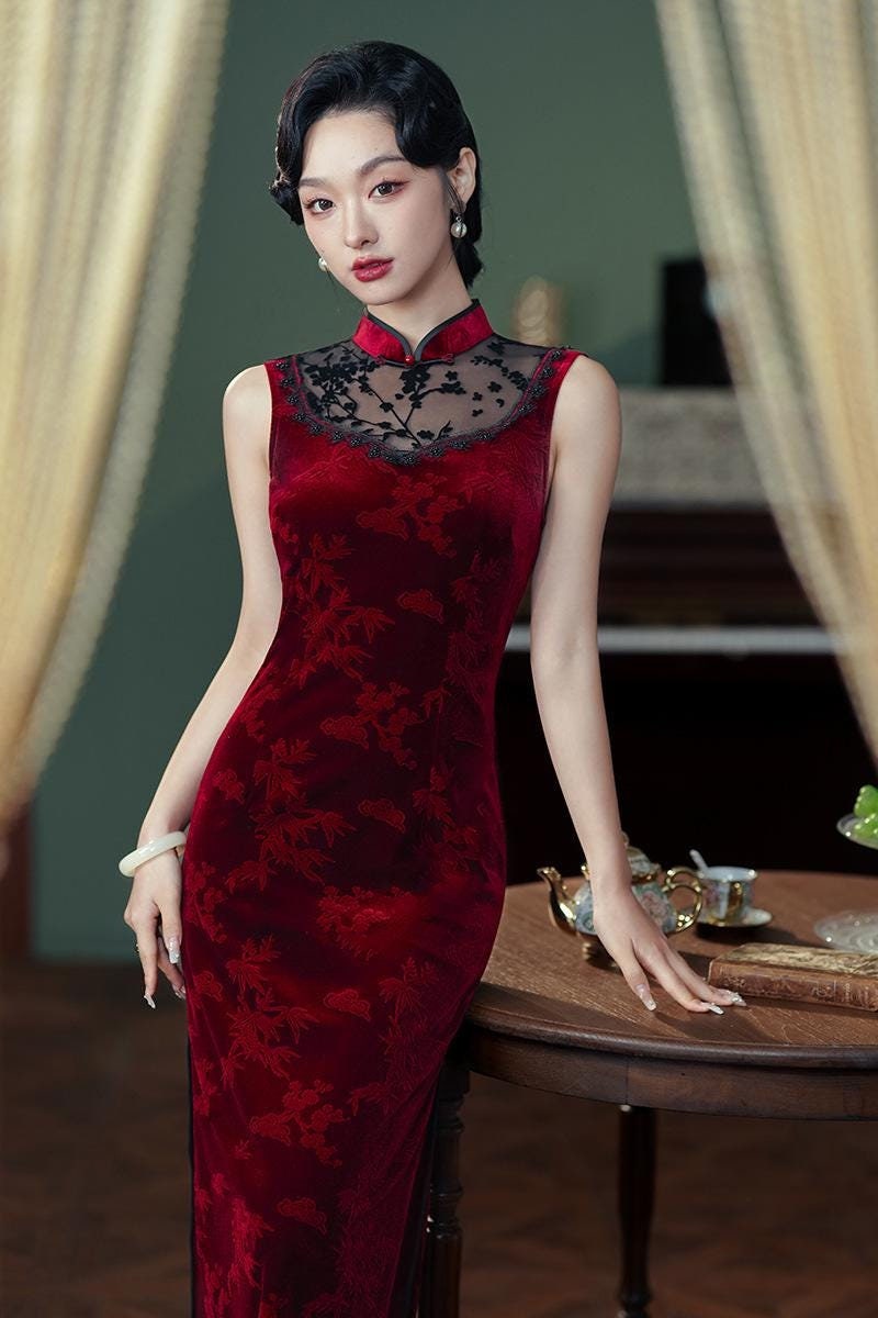 Wine Red Sleeveless Cheongsam, Velvet Chinese Qipao, Daily Wear Dress Hollow-out Cheongsam Ball Gowns Prom Party Dress