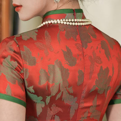 Jacquard Silk-like Double-Breasted Long Cheongsam Red Modern Chinese Qipao