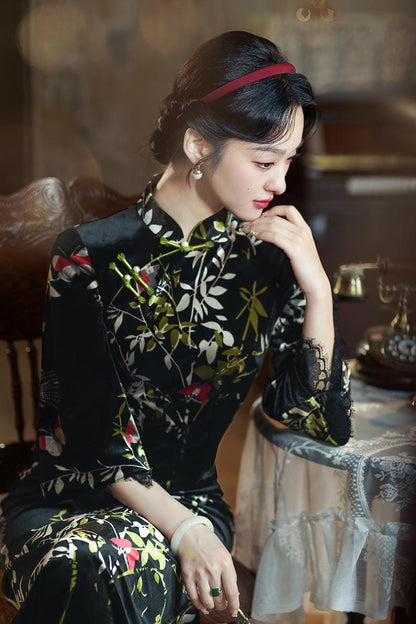 Black Velvet Chinese Qipao Dress Cheongsam Chipao Dress Big Sleeves Dress