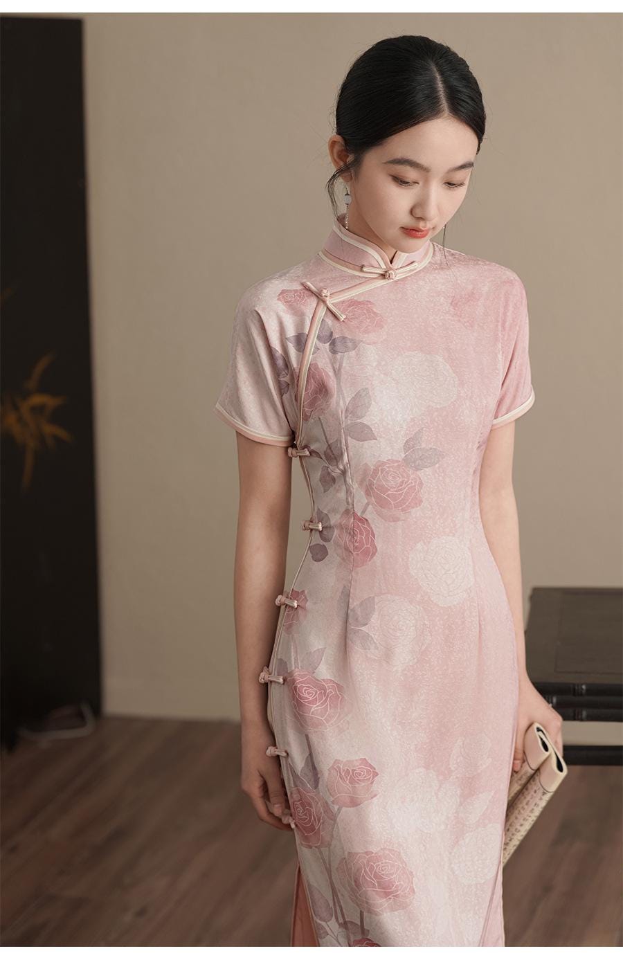 Pink Jacquard Long Cheongsam Modern Chinese Qipao Flower Pattern