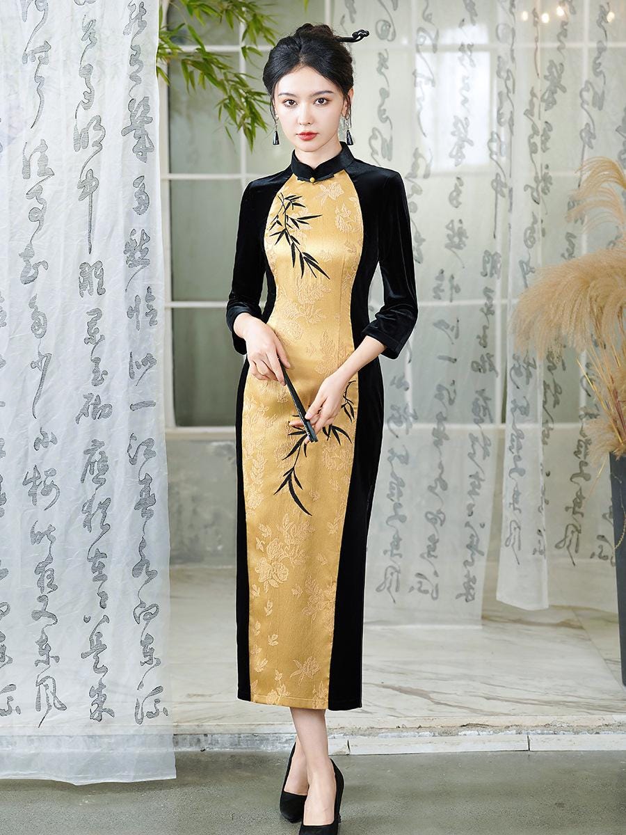 Yellow with Black Fall Chinese Qipao Dress Cheongsam