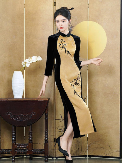 Yellow with Black Fall Chinese Qipao Dress Cheongsam