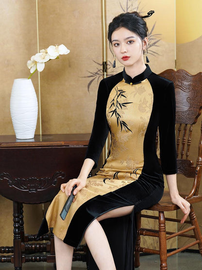 Yellow with Black Fall Chinese Qipao Dress Cheongsam