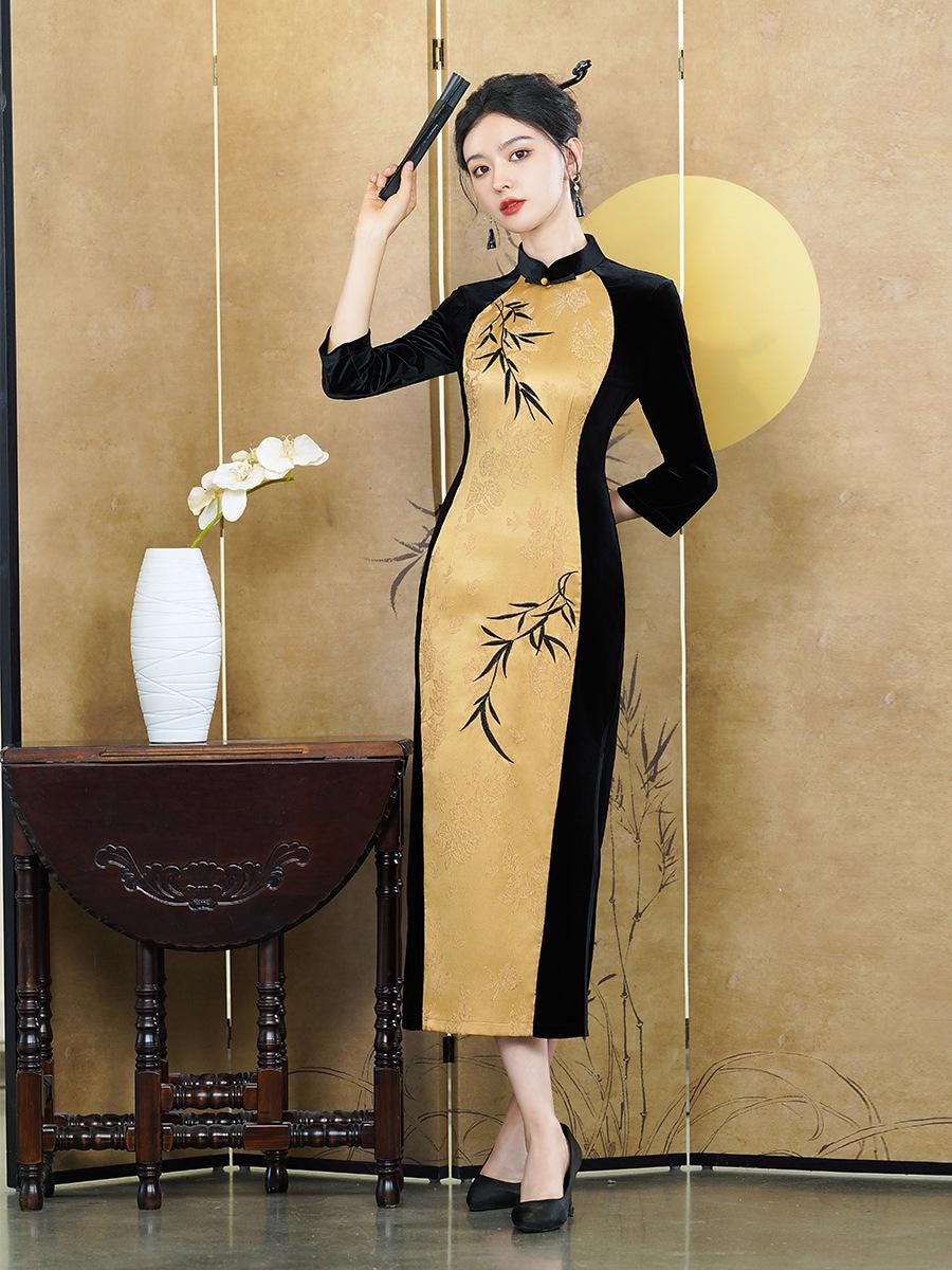 Yellow with Black Fall Chinese Qipao Dress Cheongsam