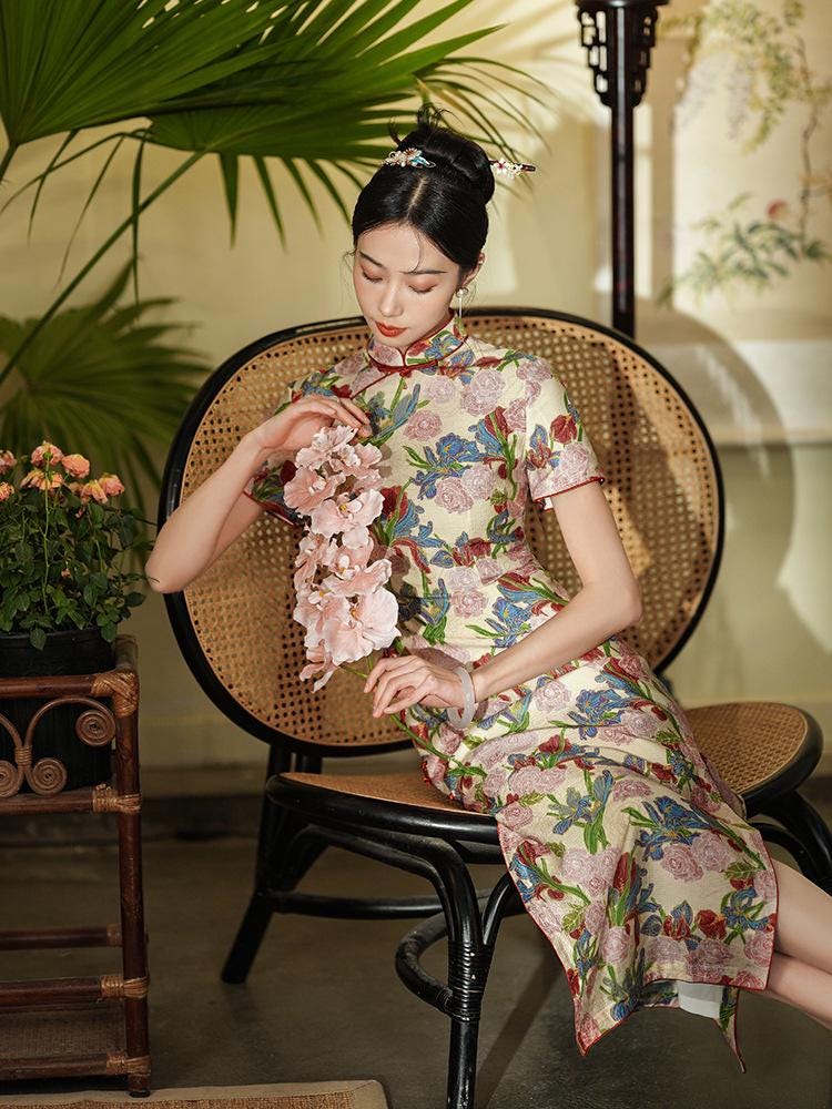 Flower Pattern Long Cheongsam Modern Chinese Qipao