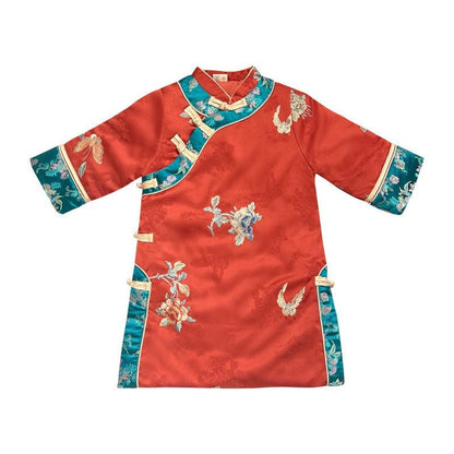 Girl's Qipao Traditional long-sleeve thick children's cheongsam flower girl dress Orange New Year outfit