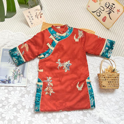 Girl's Qipao Traditional long-sleeve thick children's cheongsam flower girl dress Orange New Year outfit