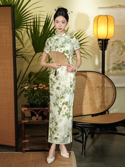 Modern Mulberry Silk Short-sleeved long Cheongsam Green Qipao Traditional Dress Flower Pattern Long Dress Cocktail Party Dress