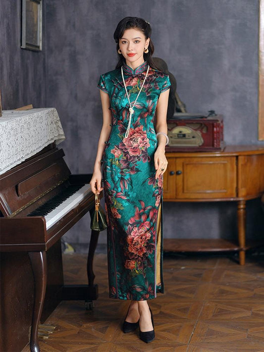 Green Modern Mulberry Silk Short-sleeved long Cheongsam Qipao Traditional Dress Flower Pattern Long Dress Cocktail Party Dress