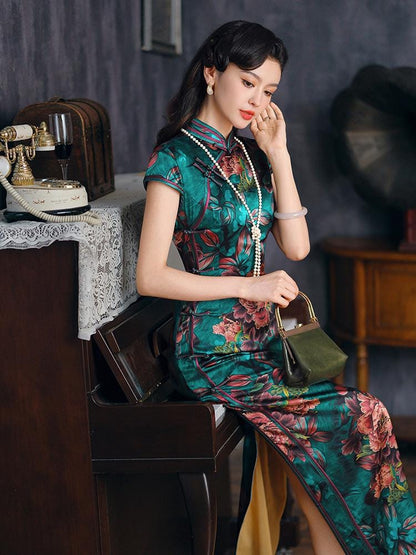 Green Modern Mulberry Silk Short-sleeved long Cheongsam Qipao Traditional Dress Flower Pattern Long Dress Cocktail Party Dress