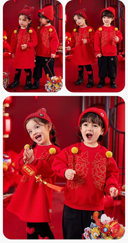 Boy and Girl's Dragon Pattern long-sleeve Shirt Dress Children's Chinese New year cheongsam outfit Traditional pattern Red Dress for Kids