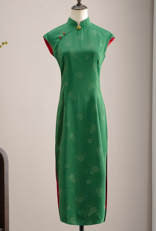 Chinese Cheongsam in Green with Red, Modern Chinese Qipao Dress Ball Gowns Cocktail Party Dress